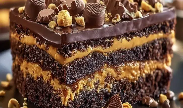 Delicious Reese's Peanut Butter Earthquake Cake topped with chocolate and peanut butter