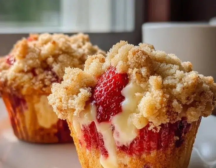 Freshly baked Strawberry Cream Cheese Muffins with strawberries and cream cheese topping.