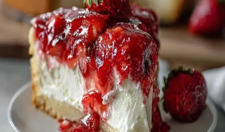 Delicious Strawberry Earthquake Cake topped with fresh strawberries and cream