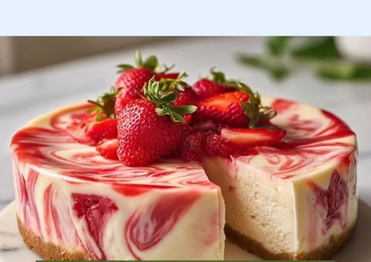 Delicious slice of strawberry swirl cheesecake topped with fresh strawberries.