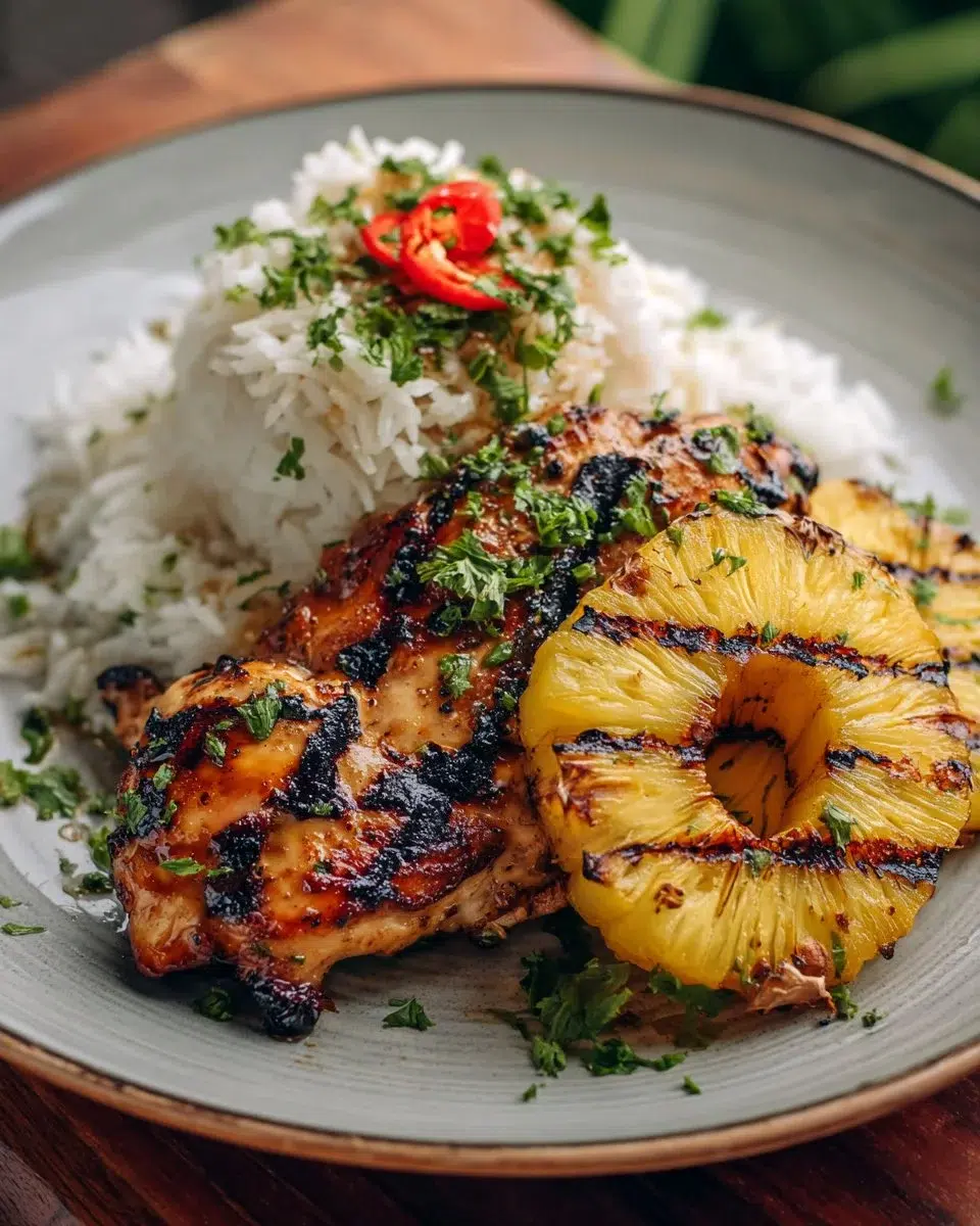 Tropical Chicken served with coconut rice and grilled pineapple on a plate.